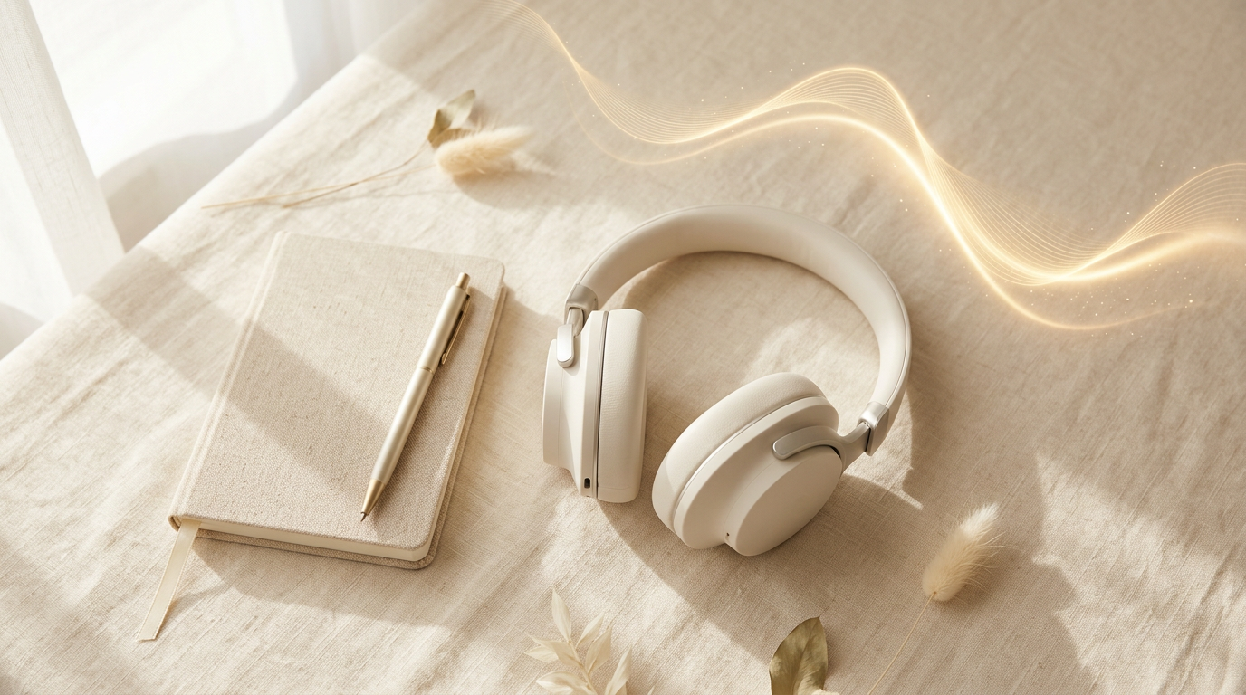 Headphones, notebook, and a soft sound wave